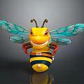 Cartoon Bee With Yellow And Black Striped Body Blue Wings Smiling Face And Red Eyes