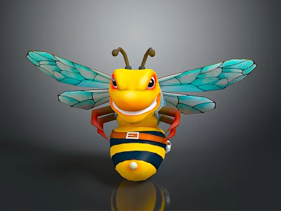 Cartoon Bee With Yellow And Black Striped Body Blue Wings Smiling Face And Red Eyes 3d model