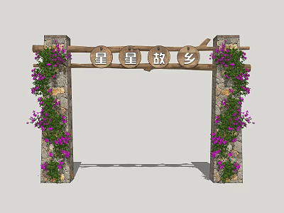Scenic Entrance Gate With Wooden Beam Stone Pillars And Purple Flowers 3d model
