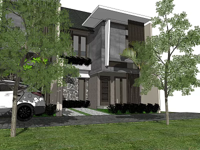 Modern Detached House Exterior With Green Lawn Trees Stone Wall And Large Windows 3d model