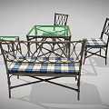 Wicker Table and Chair Set with Green Glass Top Plaid Cushioned Chairs and Side Table