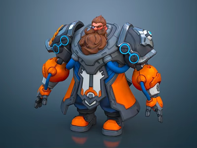 Bearded Smart Machine Warrior in Gray and Orange Armor with Blue Circular Parts Holding Guns 3d model