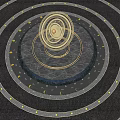 Golden Modern Sculpture With Spiral Rings On Circular Platform Concentric Design Illuminated Lights