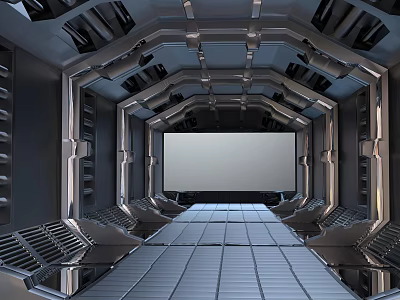 Cartoon Scene Of Space Capsule Interior With Metal Walls Seats And Large Screen Walkway 3d model