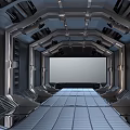 Cartoon Scene Of Space Capsule Interior With Metal Walls Seats And Large Screen Walkway
