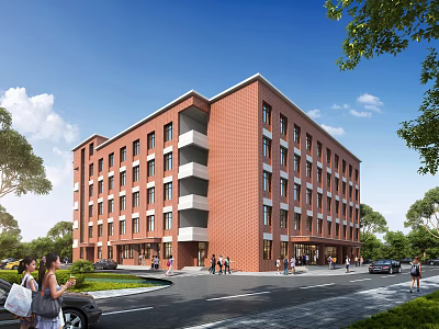 Red Brick Multi Story School Building Facade With Trees And People Walking 3d model