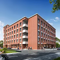 Red Brick Multi Story School Building Facade With Trees And People Walking