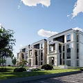 Modern Townhouse Exterior With White Facade Balconies Lush Greenery And Courtyard