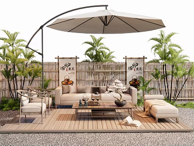 Outdoor Landscape Seating Area With Umbrella Palm Trees Bamboo Fence And Wooden Deck 3d model