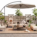 Outdoor Landscape Seating Area With Umbrella Palm Trees Bamboo Fence And Wooden Deck