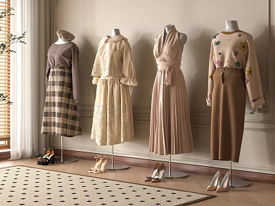 Clothing Store Fashion Display With Mannequins In Beige Dresses Brown Skirts And Shoes 3d model