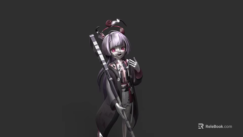 Game Movie Character With Purple White Hair Red Eyes Black White Striped Staff Dark Coat 3d model 