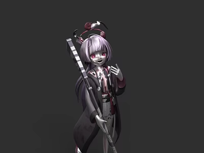 Game Movie Character With Purple White Hair Red Eyes Black White Striped Staff Dark Coat 3d model