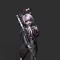 Game Movie Character With Purple White Hair Red Eyes Black White Striped Staff Dark Coat