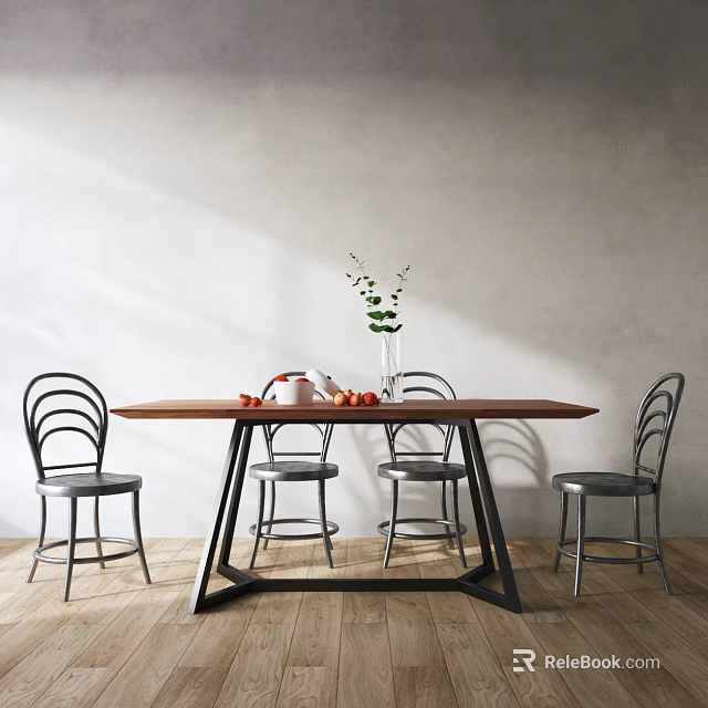 Modern wooden dining table set with metal frame chairs and green plant vase fruits 3d model 
