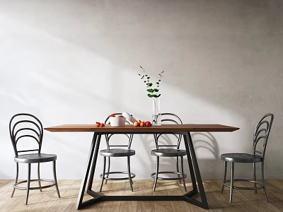 Modern wooden dining table set with metal frame chairs and green plant vase fruits 3d model