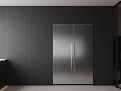 Modern Kitchen Interior With Stainless Steel Double Door Refrigerator And Black Cabinets 3d model