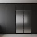 Modern Kitchen Interior With Stainless Steel Double Door Refrigerator And Black Cabinets