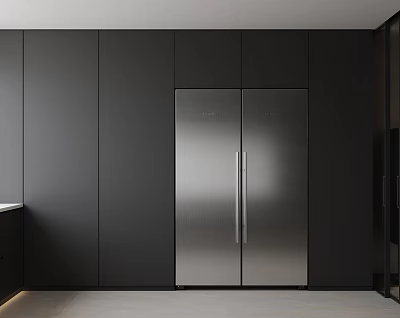 Modern Kitchen Interior With Stainless Steel Double Door Refrigerator And Black Cabinets 3d model