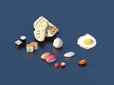 Assorted Asian Food Platter With Sushi Steamed Bun Fried Egg Toast Cherry Tomatoes And Nuts 3d model