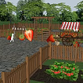Scenic Park Landscape with Wooden Arbor Vines Giant Strawberry Models Fruit Stall and Green Trees
