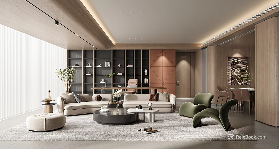 Modern Living Dining Room Interior With Light Sofa Green Chairs Bookshelf And Potted Plant 3d model 