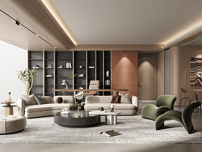 Modern Living Dining Room Interior With Light Sofa Green Chairs Bookshelf And Potted Plant 3d model