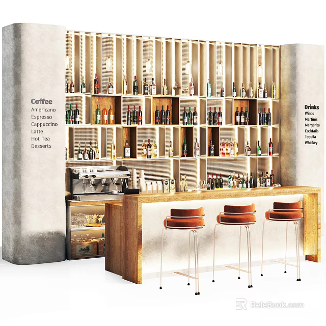 Modern Bar Counter With Wooden Top High Stools Wine Racks Bottles And Coffee Machine 3d model 