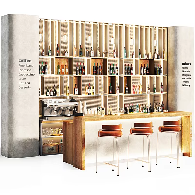 Modern Bar Counter With Wooden Top High Stools Wine Racks Bottles And Coffee Machine 3d model