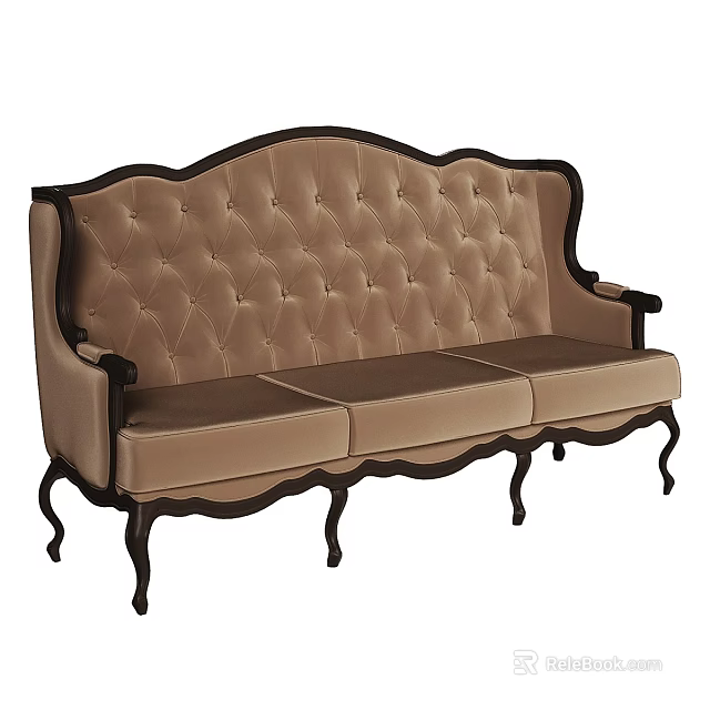 Classic Style Sofa Bed With Tufted Beige Upholstery And Dark Wooden Curved Legs 3d model 