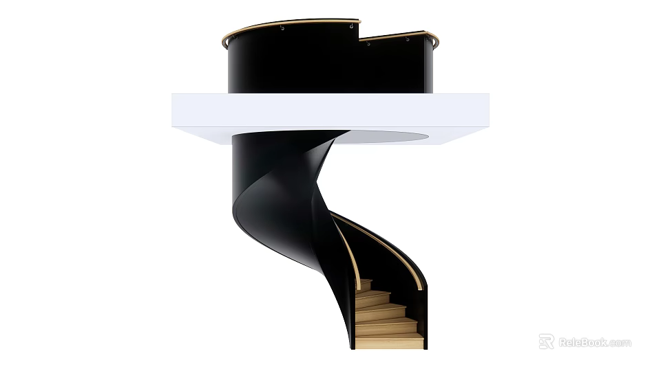 Elegant Modern Spiral Staircase With Black Structure Gold Railings And Wooden Steps 3d model 