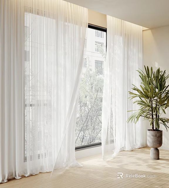 White Sheer Curtains For Indoor Window With Trees Outside And Potted Plant 3d model 