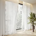 White Sheer Curtains For Indoor Window With Trees Outside And Potted Plant