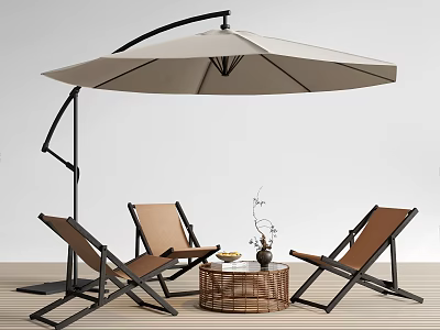 Brown Outdoor Chairs With Black Frame Beige Patio Umbrella And Woven Round Side Table 3d model
