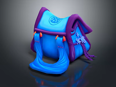 3D Modeled Blue and Purple Bag with Floral Pattern and Braided Tassel Accents 3d model