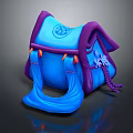 3D Modeled Blue and Purple Bag with Floral Pattern and Braided Tassel Accents