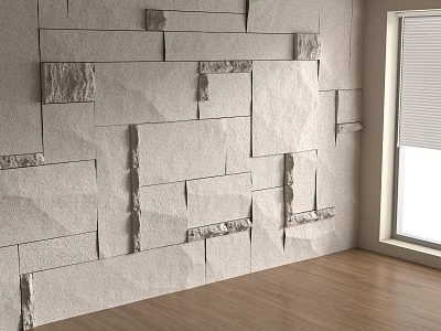 Gray Stone Tile Accent Wall With Wooden Floor And Window Blinds In Modern Interior 3d model