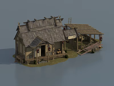 Traditional Chinese Vintage Wooden House With Tile Roof Signboard And Lanterns 3d model