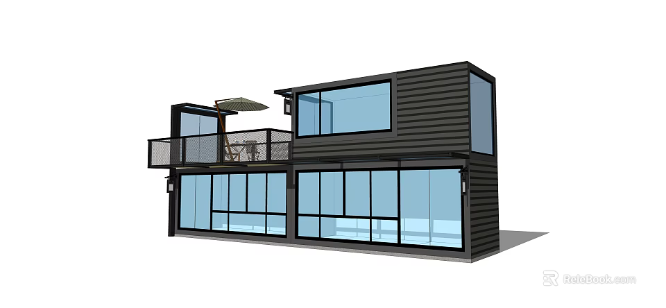 Modern Industrial Equipment Container House With Black Exterior Large Glass Windows Balcony And Sunshade 3d model 