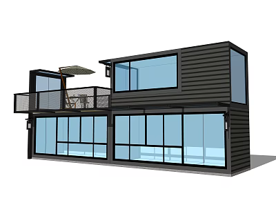 Modern Industrial Equipment Container House With Black Exterior Large Glass Windows Balcony And Sunshade 3d model