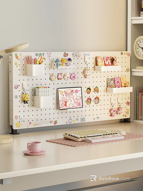 Cute Hanging Decorations on White Pegboard in Desk Workspace with Stationery Holders and Cartoon Charms 3d model 