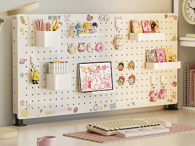 Cute Hanging Decorations on White Pegboard in Desk Workspace with Stationery Holders and Cartoon Charms 3d model