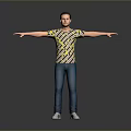 Standing Man With Arms Outstretched In Striped T Shirt Blue Jeans White Sneakers Gray Background