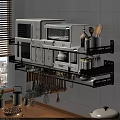 Black Metal Kitchen Shelf With Microwaves Spices Wooden Utensils And Hanging Hooks