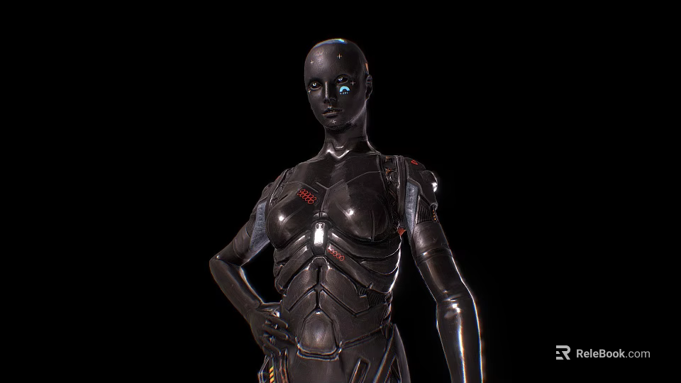 Futuristic Humanoid Robot Character With Metallic Body Blue Eyes And Red Accents On Black Background 3d model 