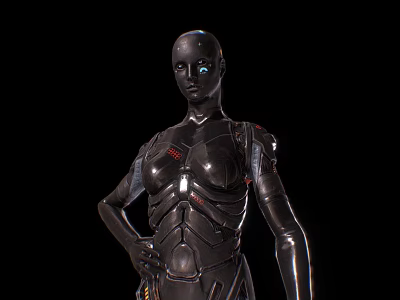 Futuristic Humanoid Robot Character With Metallic Body Blue Eyes And Red Accents On Black Background 3d model