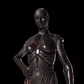 Futuristic Humanoid Robot Character With Metallic Body Blue Eyes And Red Accents On Black Background