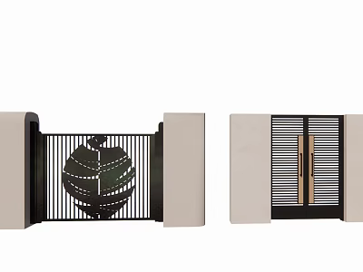 Modern Entrance Gate Design Featuring Decorative Sphere Metal Railings Vertical Slats And Stone Pillars 3d model