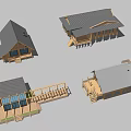Wooden Homestay Buildings with Sloped Roofs Balconies and Stilted Structures in Architectural Models