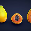 Whole And Sliced Papaya With Orange Flesh And Black Seeds On Dark Background